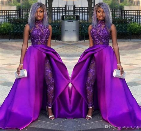 Purple Lace Stain Evening Jumpsuit With Train 2019 High Neck African