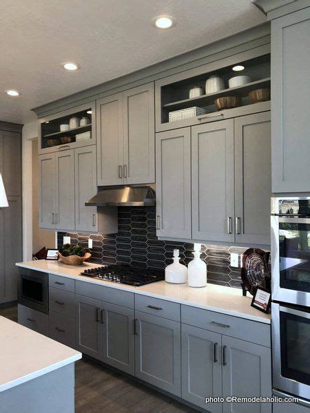 Light Gray Kitchen Cabinets With Dark Gray Backsplash Upper Display