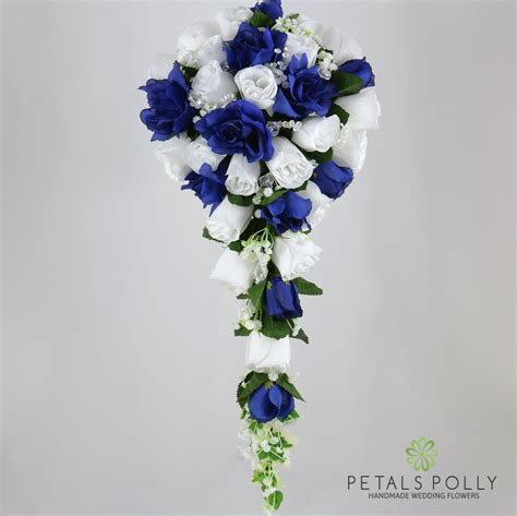 Navy Blue White And Silver Rose Brides Teardrop Bouquet