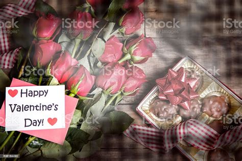 Happy Valentines Day Red Roses Bouquet Chocolate Candy Notecard Stock