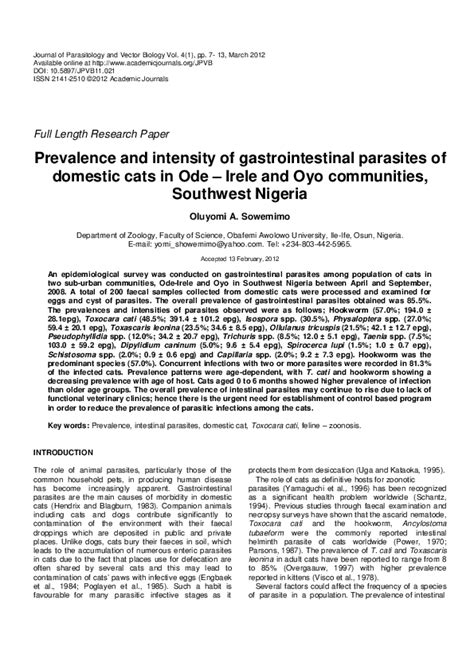 Pdf Prevalence And Intensity Of Gastrointestinal Parasites Of