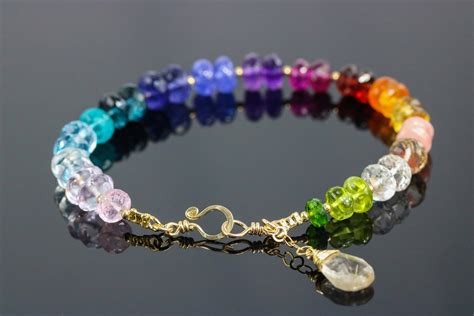 Rainbow Precious Gemstone Bracelet In Gold Filled Chakra Gemstone