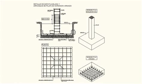 Reinforced Concrete Footing And Pillar Detail Elevation And Plan Dwg File Cadbull