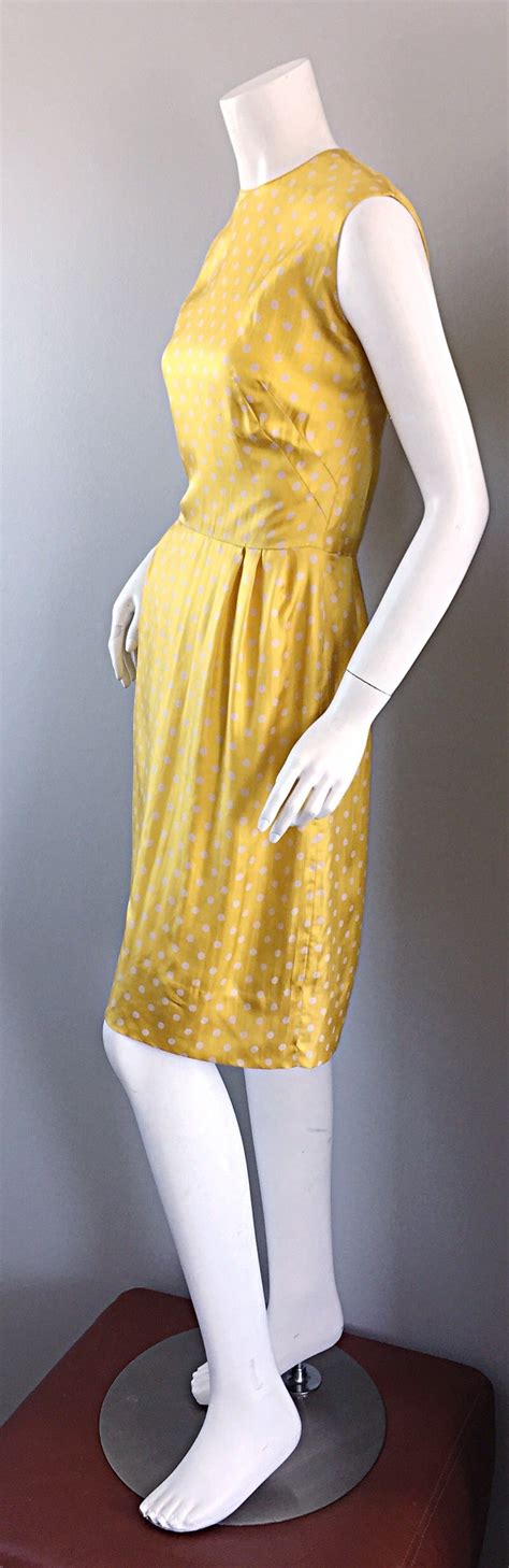 Late 1950s Addie Masters Silk 50s Day Dress W Yellow And White Polka