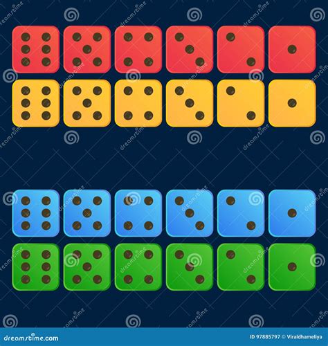Cartoon Dice Flat Illustration In Four Color Set Red Yellow Blue