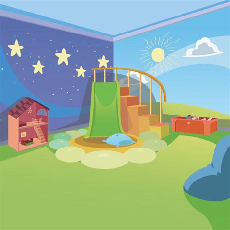 Parque infantil para juegos recreativos ilustración. Sala de juegos para niños en casa con fondo de estilo de dibujos animados | Vector Premium