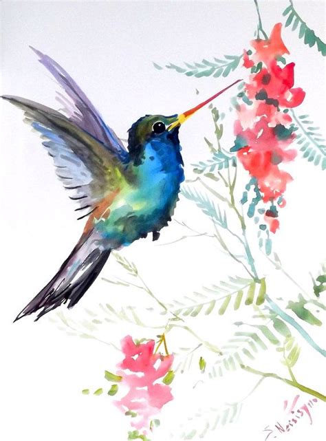 Hummingbird Original Watercolor Painting 12 X 9 In Blue Etsy