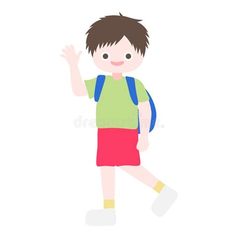 Cartoon Cute Little Boy Walking And Wave His Hand To His Friends Child