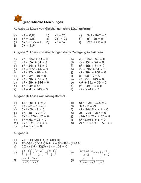 Quadratische Gleichungen Aufgabe 1 Lösen Von Gleichungen