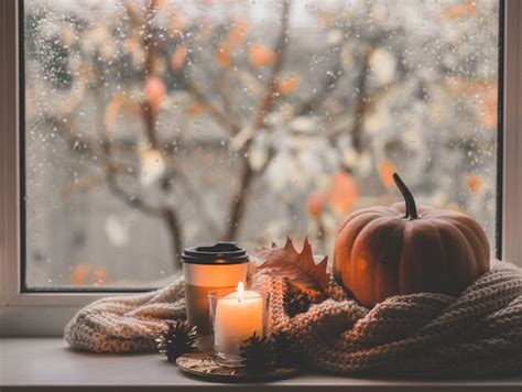 Premium Photo Cup Of Coffee Pumpkin Dried Autumn Leaves On Window