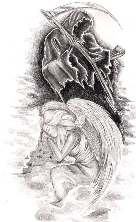 Pencilwork Death And Sleeping Angel Beneath Tattoo Design By Natyne