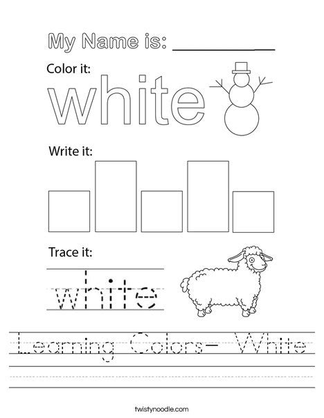Learning Colors White Worksheet Twisty Noodle