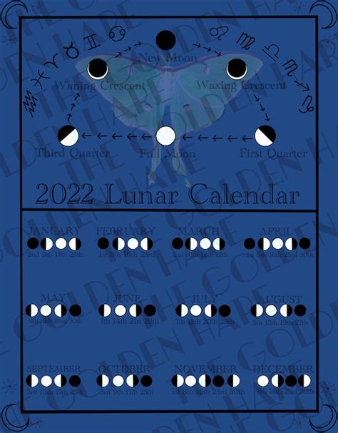 2022 Lunar Calendar Moon Phase Calendar Blue Etsy