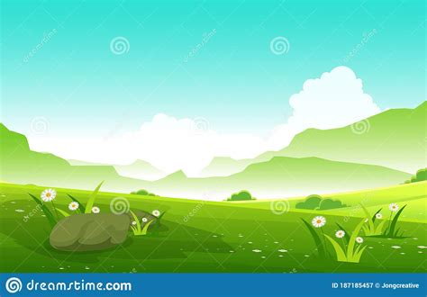 Summer Fresh Green Nature Field Land Sky Landscape Illustration Stock ...