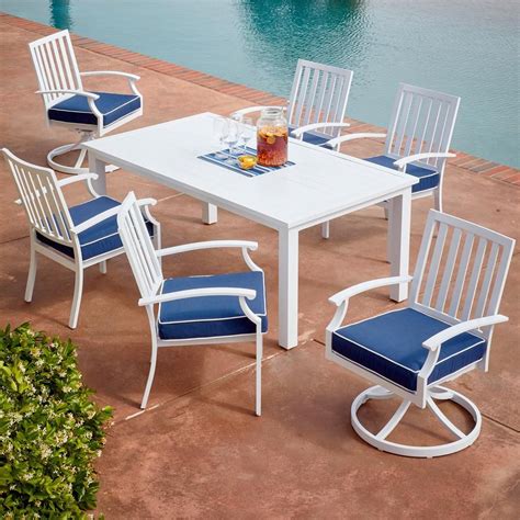 Is there a steel with white fabric product available in teak patio dining sets? Royal Garden Bridgeport 7-Piece White Aluminum Outdoor ...