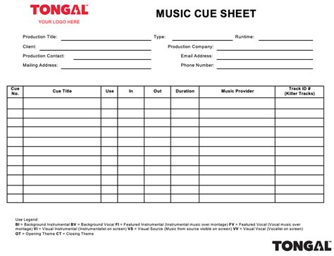 A music cue sheet lists theme music and background cues associated specifically with those productions, as well as independent songs which are also included in the soundtrack. Music Cue Sheet Tongal Template