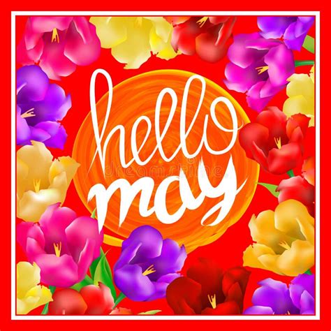 Hello May Vector Card With Vintage Sunburst And Hand Drawn Lettering