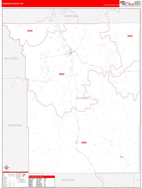 Johnson County Wy Zip Code Wall Map Red Line Style By Marketmaps