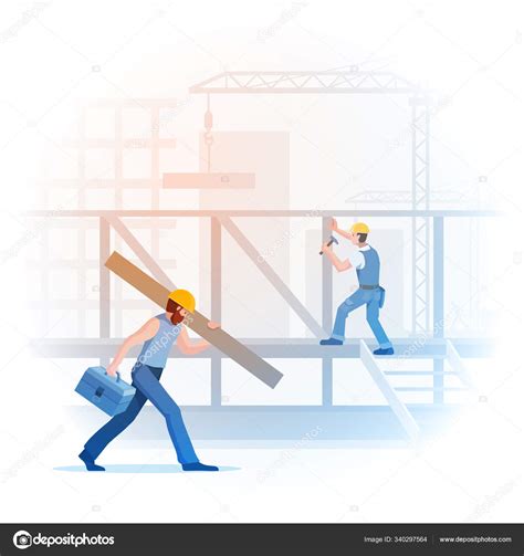 Construcción Construcción Con Trabajadores Ilustración Vectores Los