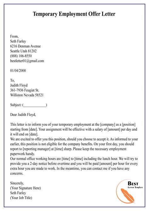 Employment Offer Letter Template Format Sample Example