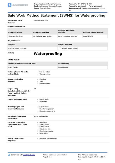 Waterproofing Safe Work Method Statement Free Editable