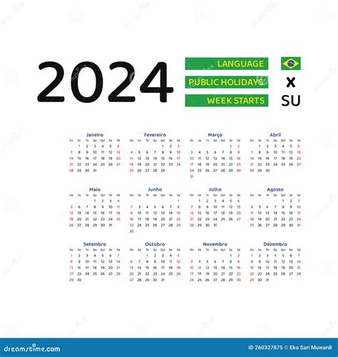 Brazil Calendar 2024 Week Starts From Sunday Vector Graphic Design