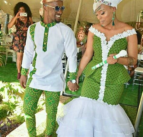 Clipkulture Zulu Couple In Green And White Shweshwe Inspired Traditional Wedding Attire