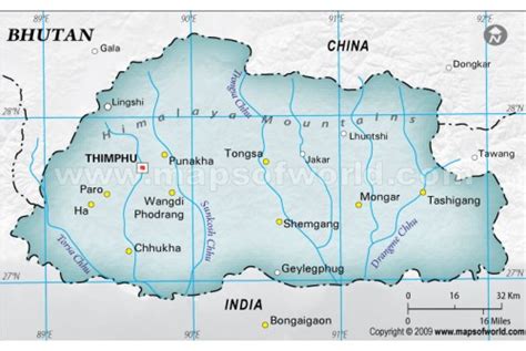Buy Bhutan Physical Map With Cities In Gray Color