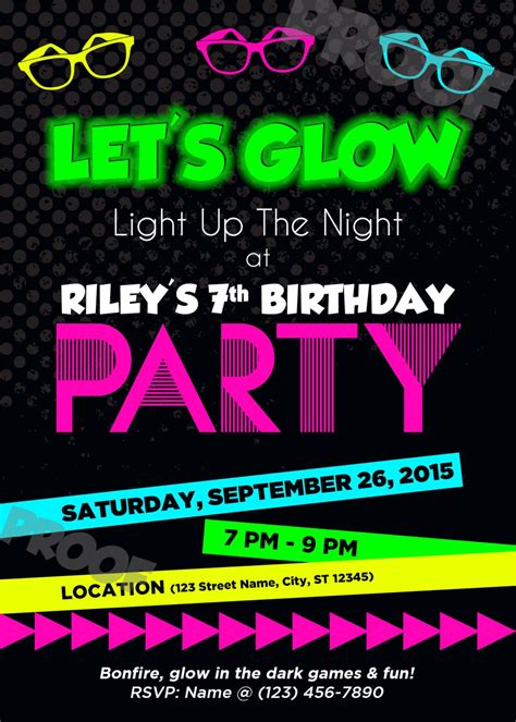 Printable Neon Invitation Glow Neon Bright Party Birthday