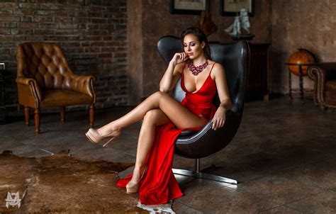 Wallpaper Women Mihail Gerasimov Sitting High Heels Red Dress