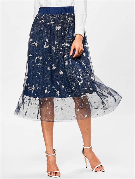 Buy Wipalo Women High Waist Starry Star Print Midi Skirt Lace Patchwork High