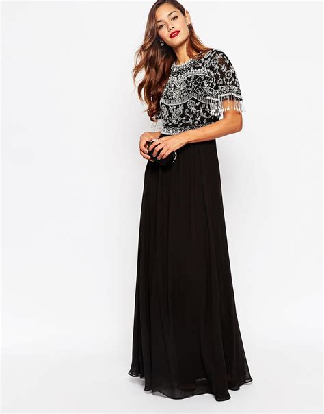 Asos Beautiful Embellished Maxi Dress With Sequin Fringe Sleeves In Black Lyst
