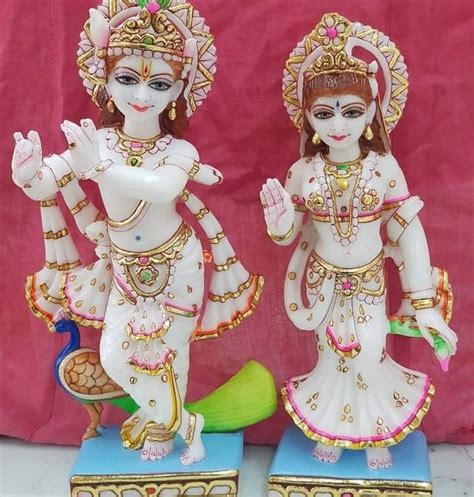 Painted Hindu White Marble Lord Krishna Statue For Worship Size 16