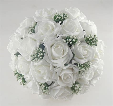 White Artificial Rose And Gypsophila Bridal Wedding Bouquet Budget