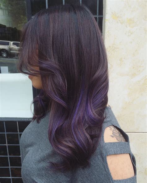Pin By Samantha Swiler On Hair Purple Highlights Brown Hair Balayage
