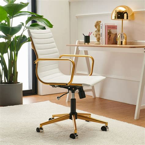 Luxmod Mid Back Gold Office Chair In White Leather Adjustable Swivel