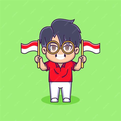 Premium Vector Cute Boy Holding Indonesian Flag Cartoon Vector