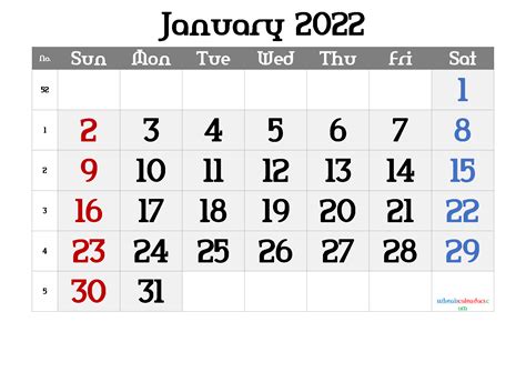 January 2022 Calendar Printable January 2022 Monthly Calendar