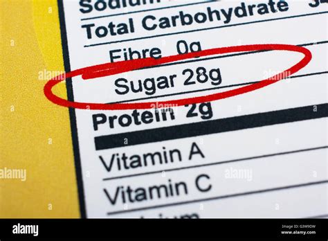 Photo Of A Nutrition Facts Label High Amount Sugar In Food Stock Photo