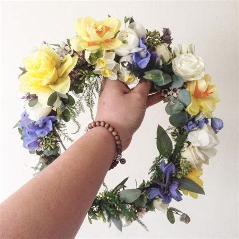 Yellow Daffodils White Ranunculus And Blue Delphinium Flower Crown Thecrow With Images