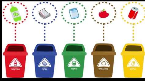 As cores das lixeiras da coleta seletiva para reciclagem na educação