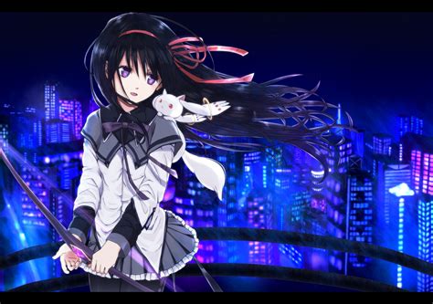 Akemi Homura Black Hair Bow Bow Weapon Building City Kyuubee Long Hair Mahou Shoujo Madoka