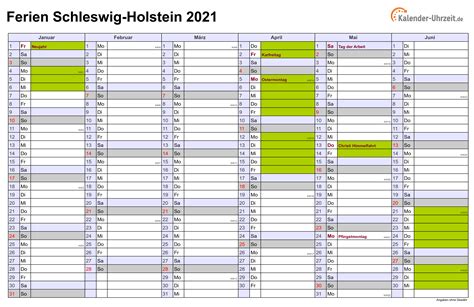 Kostenloser jahreskalender für das jahr 2021 zum ausdrucken (pdf), inklusive brückentage. Ferien Schleswig-Holstein 2021 - Ferienkalender zum Ausdrucken