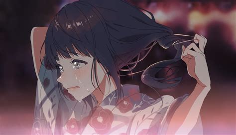 Download 1080x2246 Anime Girl Crying Kimono Ponytail Tears Sadness
