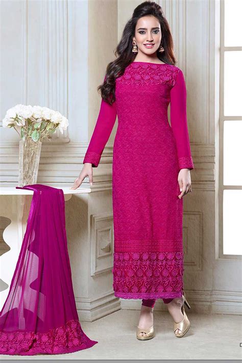 Pink Georgette Churidar Suit Designer Full Sleeve Kameez Andaaz Fashion