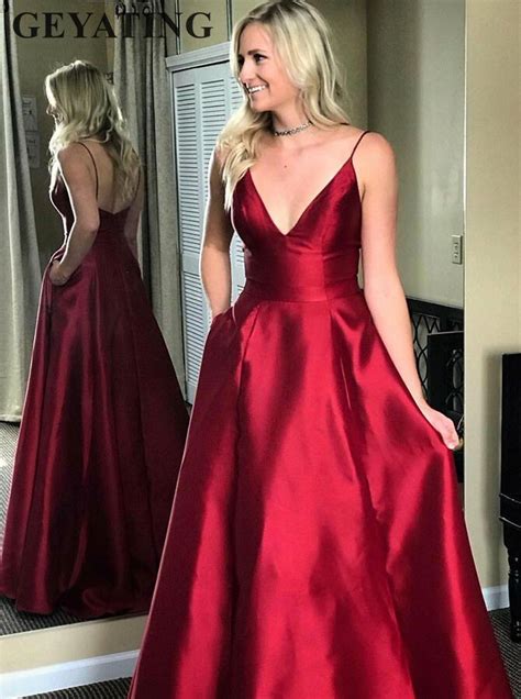 Sexy V Neck Red Satin Prom Dresses With Pockets Spaghetti Straps Floor