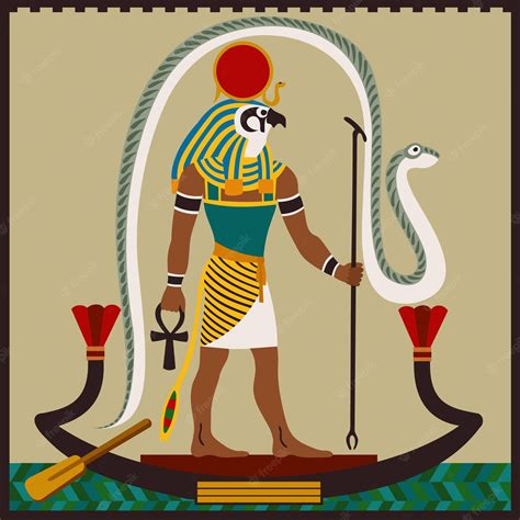 Antiguo Egipto Ra Dios Del Sol Hombre Con Cabeza De Halcón Navegando En Un Bote Con Cobras
