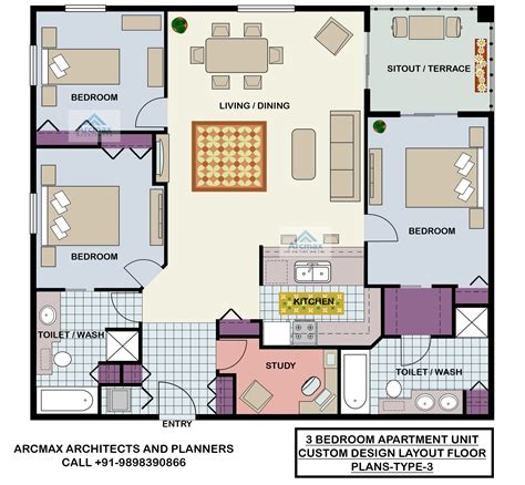 3 Bedroom Apartment Unit Custom Design Layout Floor Plans Type 3
