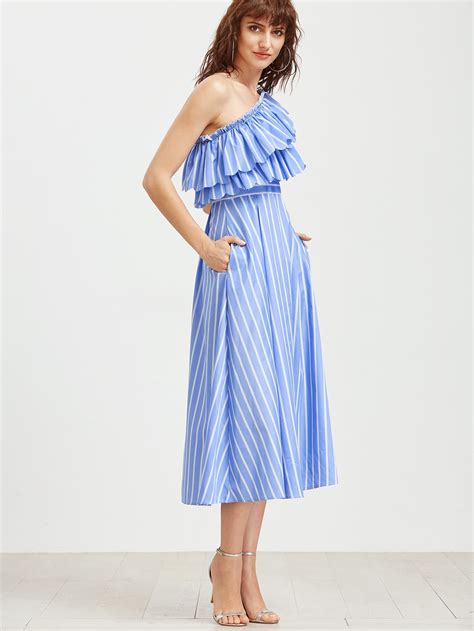 Oblique Shoulder Vertical Striped Layered Frill Dress Sheinsheinside