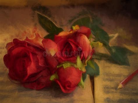 Digital Painting Of A Valentine Red Roses Lying On Vintage Music Sheets